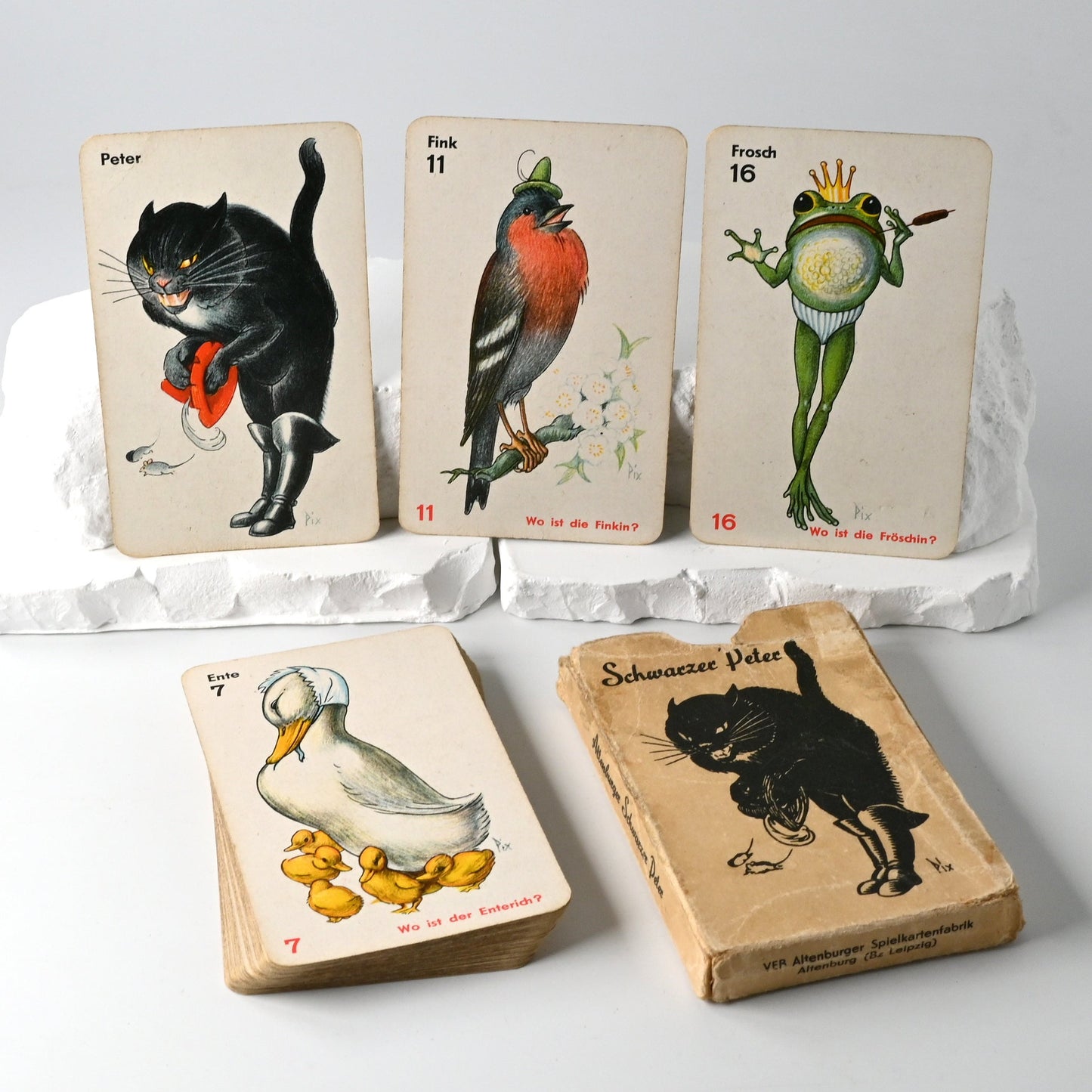 Vintage Card Game – Schwarzer Peter Quartett, Otto Pech “Pix”, VEB Altenburg, Original Box – 1950s