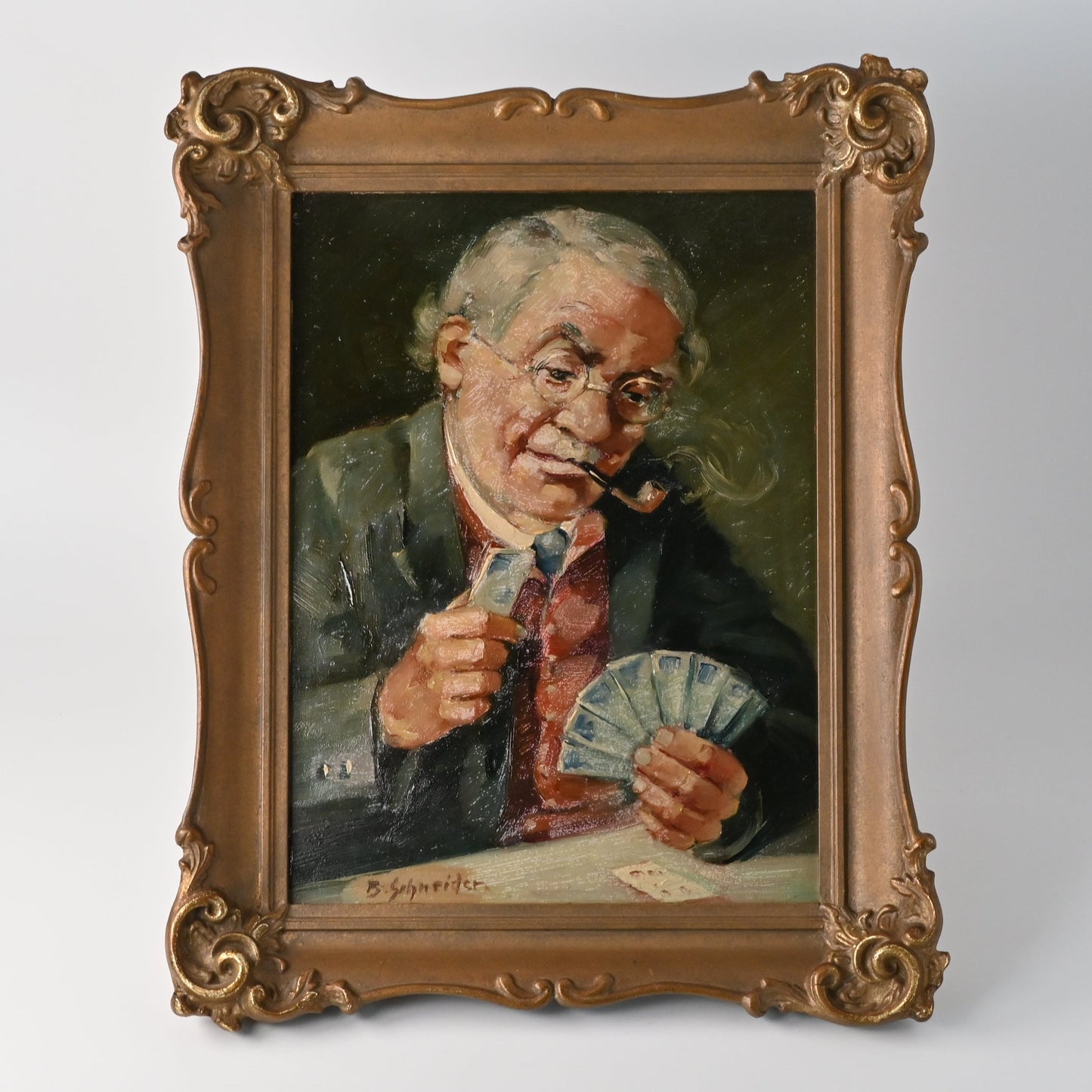 Antikes Ölgemälde „Beim Kartenspiel“ – signiert B. Schneider, deutsche Genremalerei im Prunkrahmen, 1920er Jahre