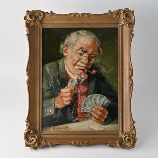 Antikes Ölgemälde „Beim Kartenspiel“ – signiert B. Schneider, deutsche Genremalerei im Prunkrahmen, 1920er Jahre
