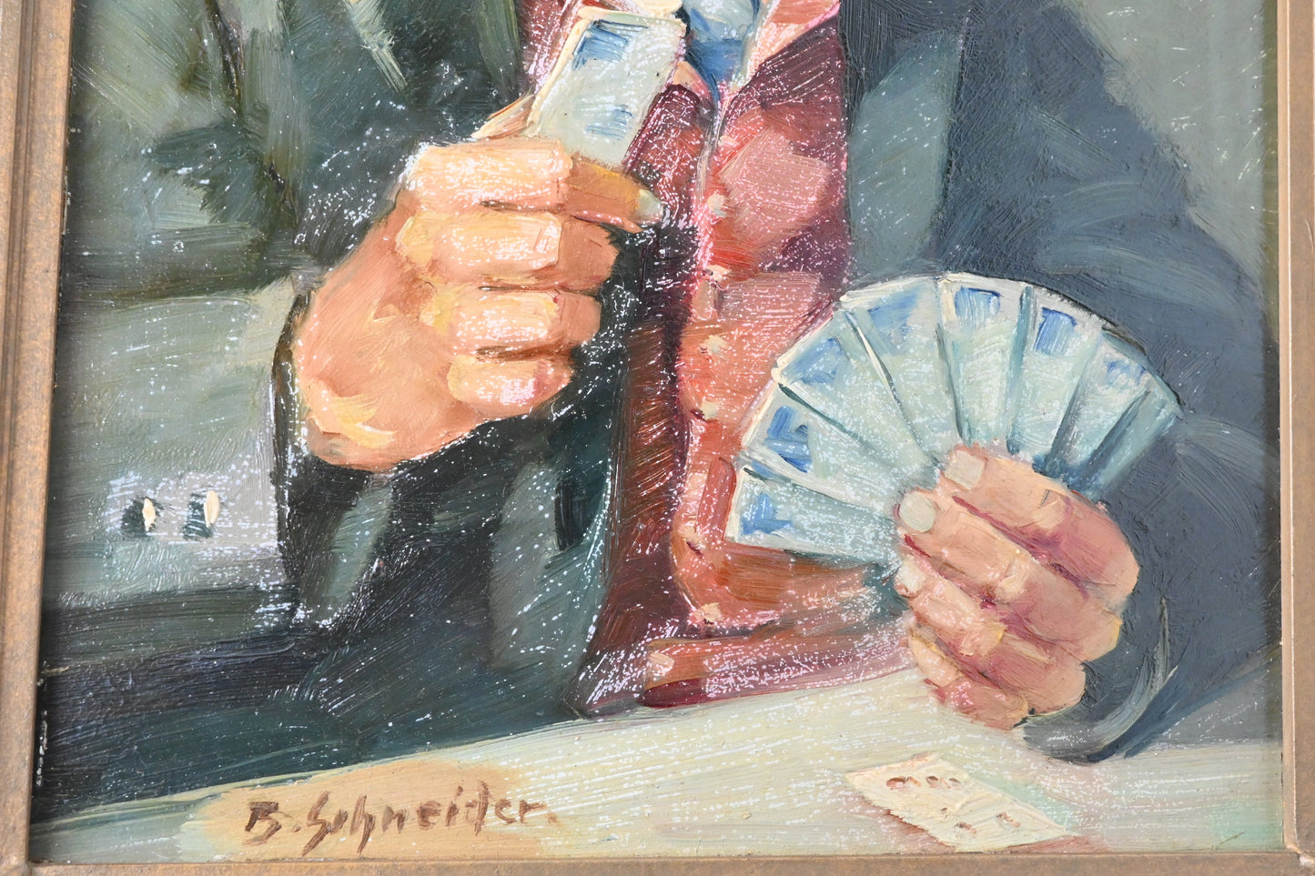 Antikes Ölgemälde „Beim Kartenspiel“ – signiert B. Schneider, deutsche Genremalerei im Prunkrahmen, 1920er Jahre