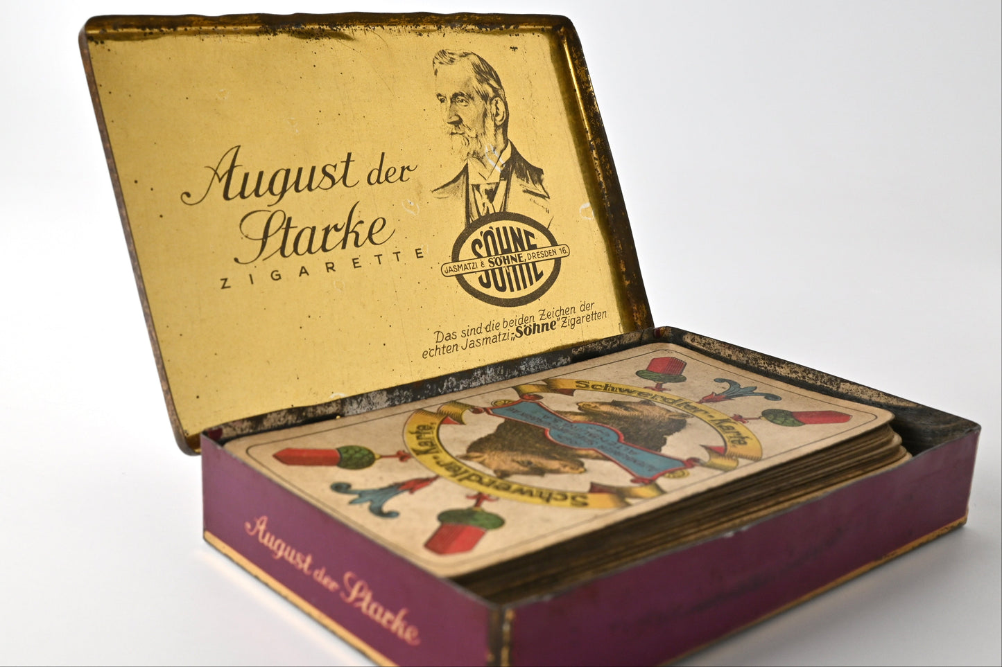 Skat Deck – Saxon Double-Figure Pattern, Altenburger Playing Card Factory, in Original Tobacco Tin, One-of-a-Kind – 1920s