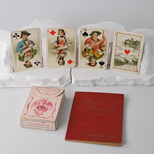 Patience-Kartenspiel – B. Dondorf, Patience Nr. 189 Schweizer Trachten, mit Beispielheft, Goldschnitt, Einzelstück – 1900er Jahre