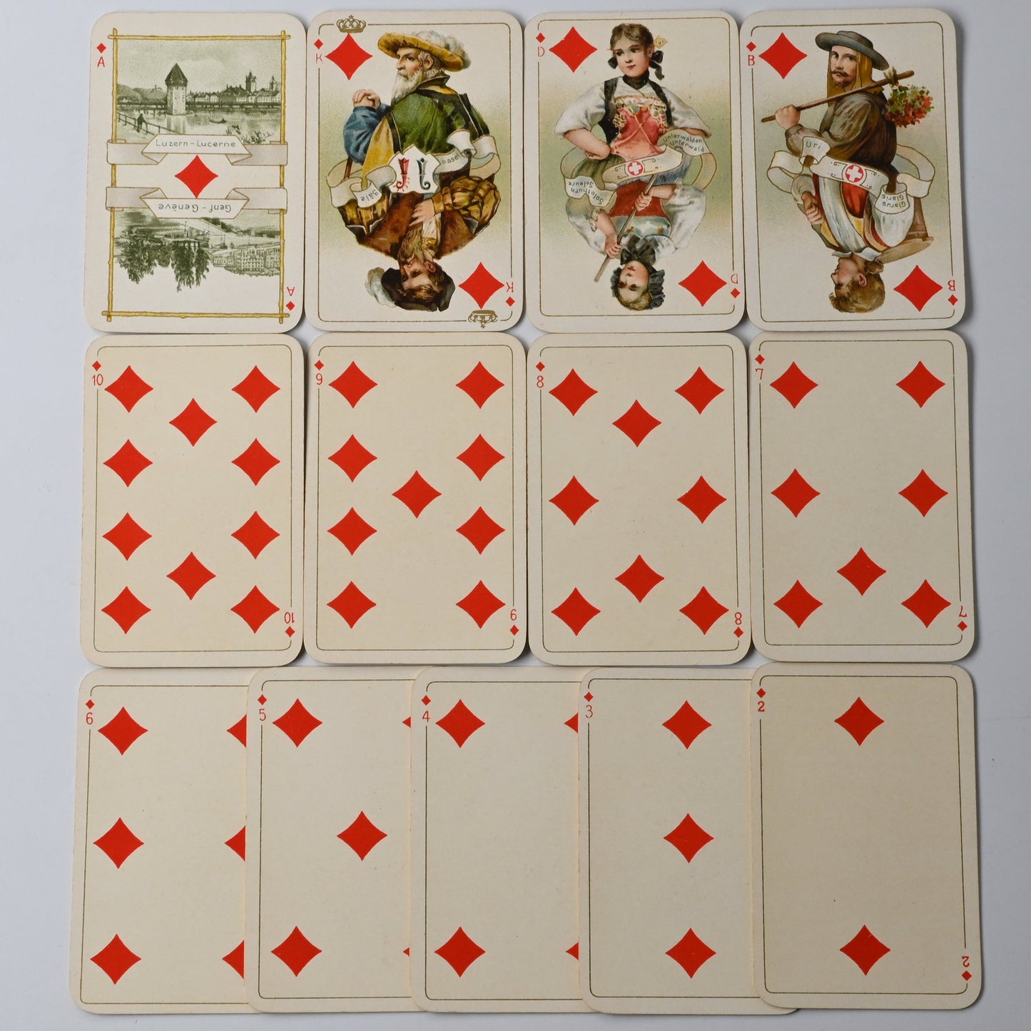 Patience Playing Cards – B. Dondorf, Patience No. 189 “Swiss Costumes”, with Original Booklet, Gilt Edges, One-of-a-Kind – 1900s