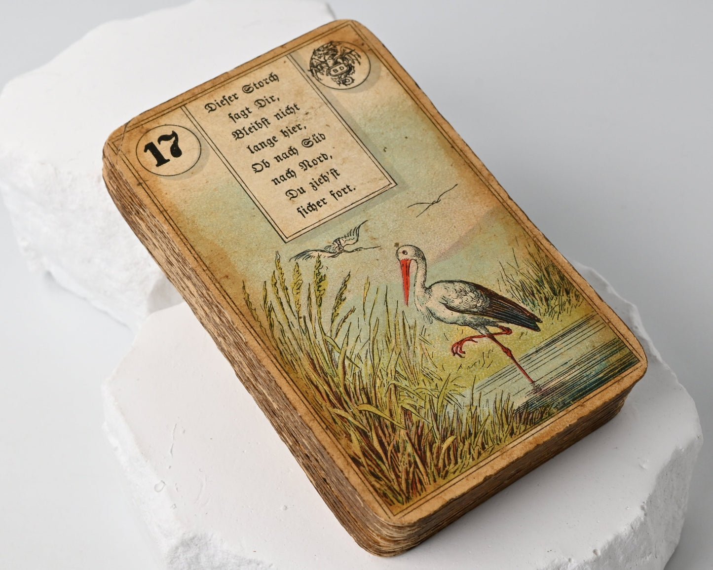 Wahrsagekarten No. 2, B.Dondorf, antikes Lenormand mit Lederetui, Verstexte, BD-Drachenlogo, 36 Blatt, Einzelstück, 1910er Jahre