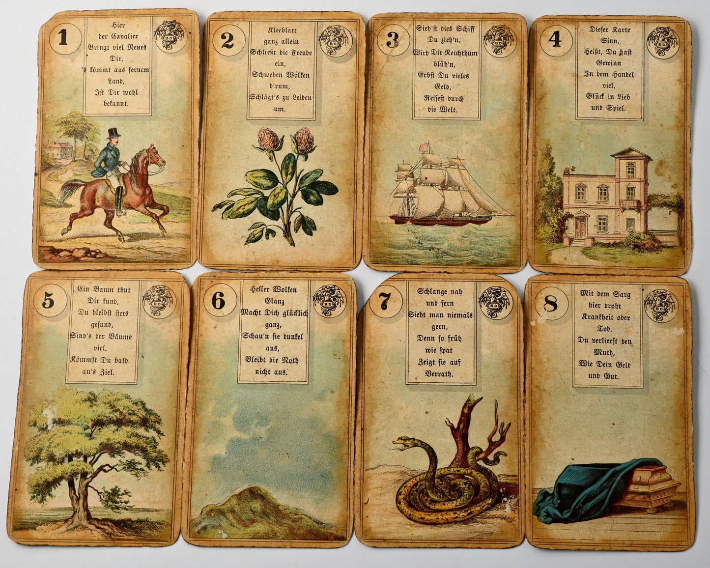 Wahrsagekarten No. 2, B.Dondorf, antikes Lenormand mit Lederetui, Verstexte, BD-Drachenlogo, 36 Blatt, Einzelstück, 1910er Jahre
