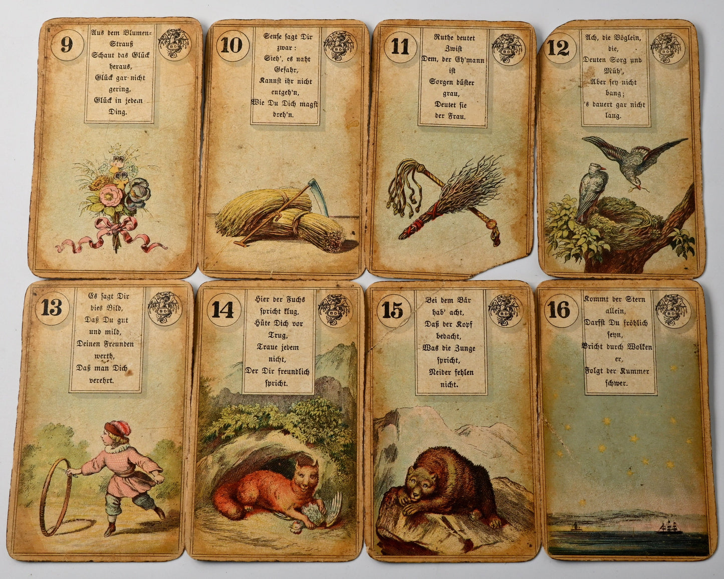 Wahrsagekarten No. 2, B.Dondorf, antikes Lenormand mit Lederetui, Verstexte, BD-Drachenlogo, 36 Blatt, Einzelstück, 1910er Jahre
