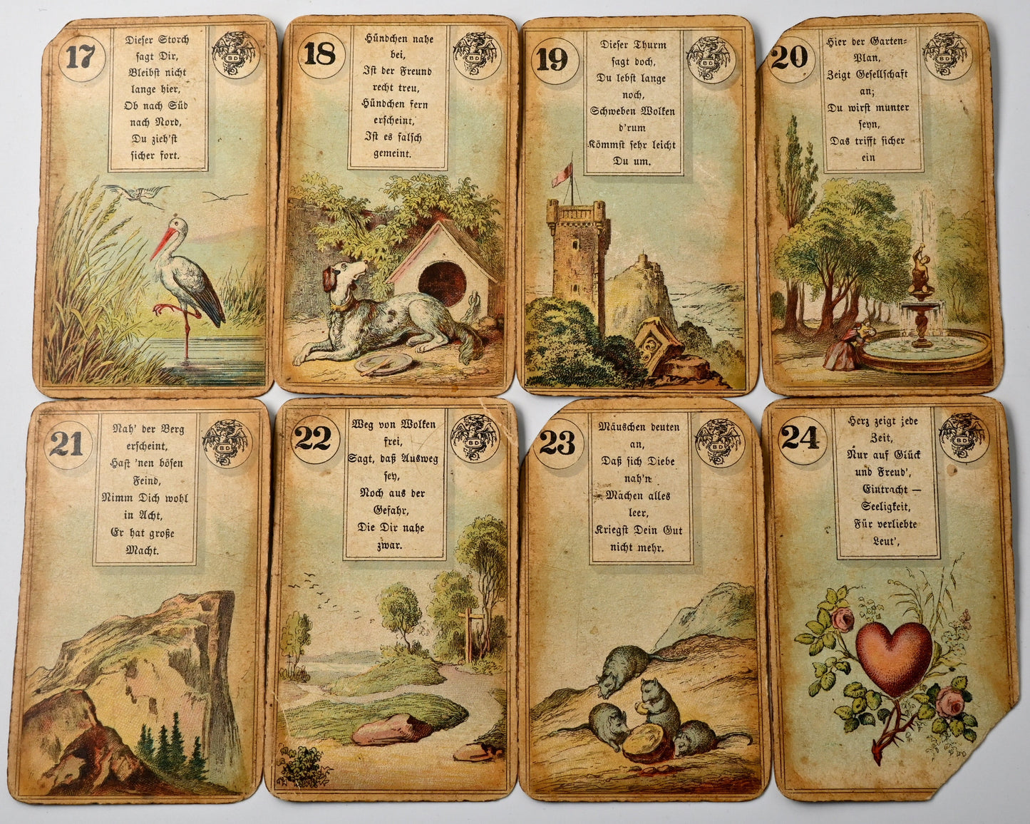 Wahrsagekarten No. 2, B.Dondorf, antikes Lenormand mit Lederetui, Verstexte, BD-Drachenlogo, 36 Blatt, Einzelstück, 1910er Jahre