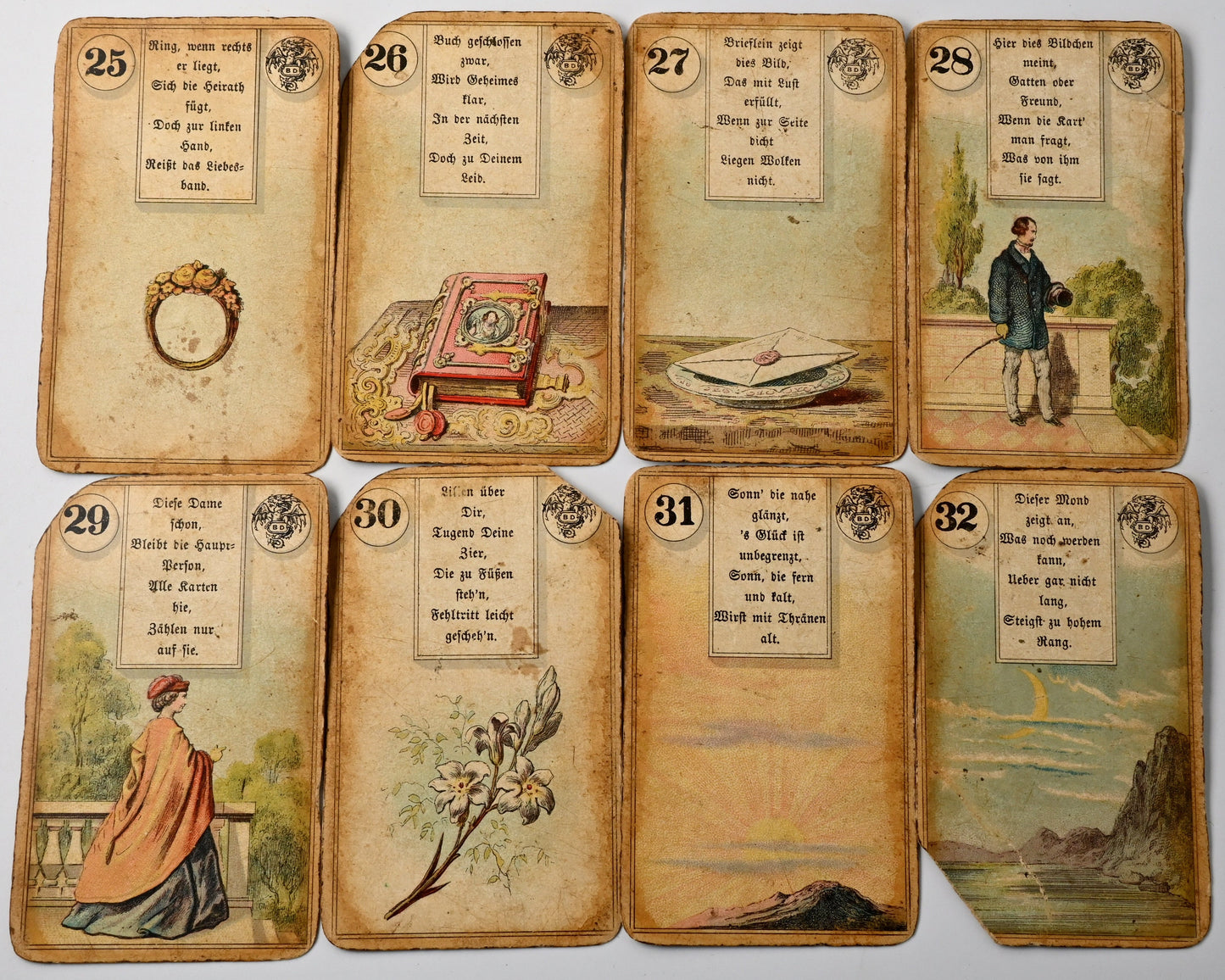Wahrsagekarten No. 2, B.Dondorf, antikes Lenormand mit Lederetui, Verstexte, BD-Drachenlogo, 36 Blatt, Einzelstück, 1910er Jahre