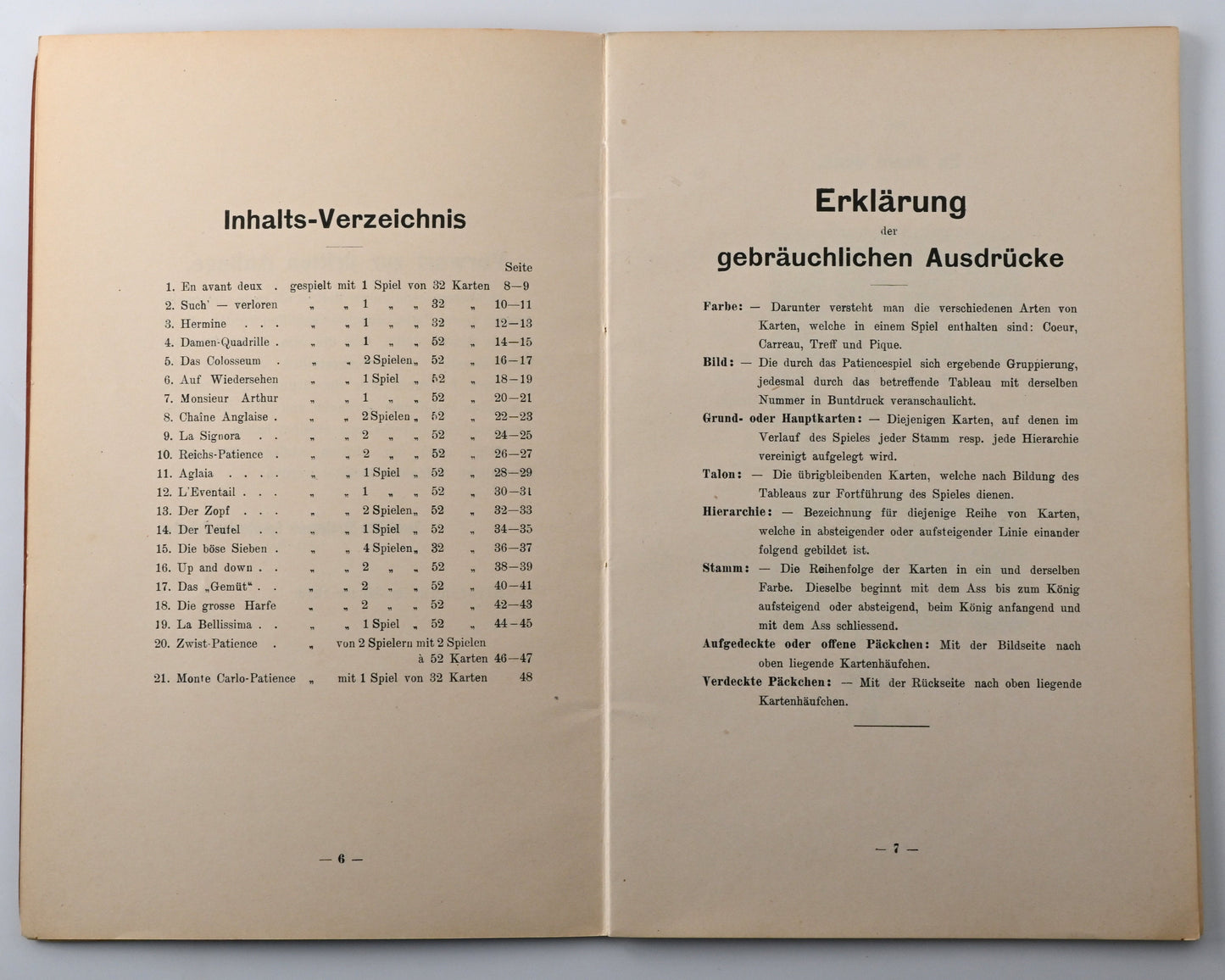 Patience Buch – Spielregeln und Anleitungen für Patiencen, illustrierter Ratgeber, Einzelstück, 1910er Jahre