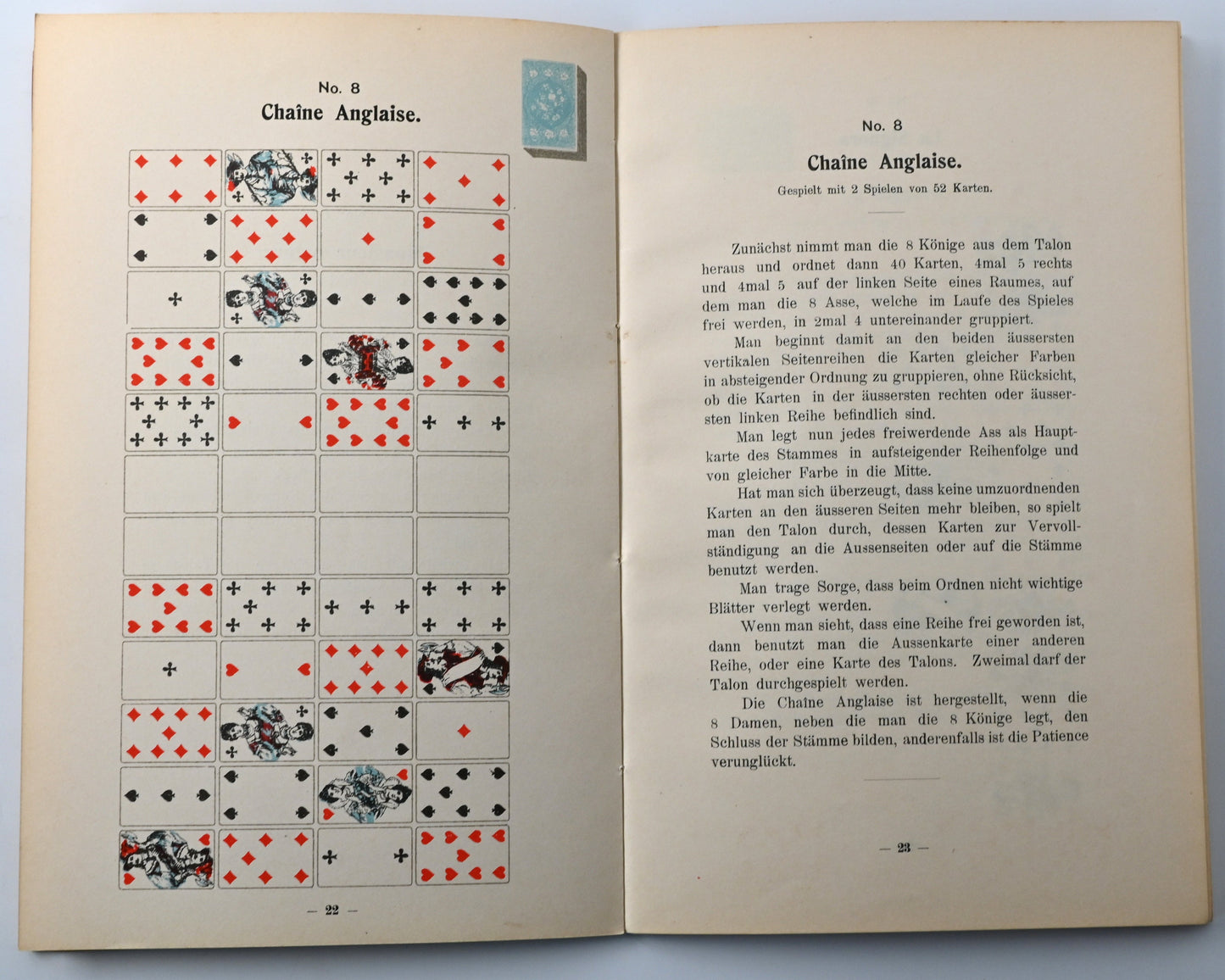 Patience Buch – Spielregeln und Anleitungen für Patiencen, illustrierter Ratgeber, Einzelstück, 1910er Jahre