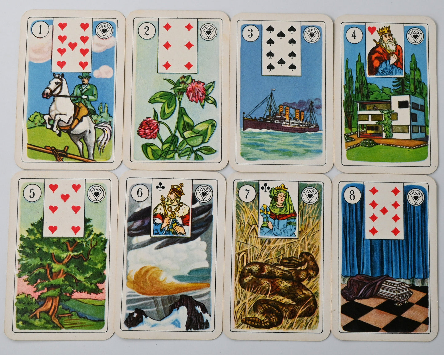 Wahrsagekarten mit Kartenbildern – Lenormand Orakelkarten, Vereinigte Altenburger & Stralsunder Spielkartenfabriken AG, Werk Ariston Detmold, 36 Blatt, Einzelstück – 1950er Jahre
