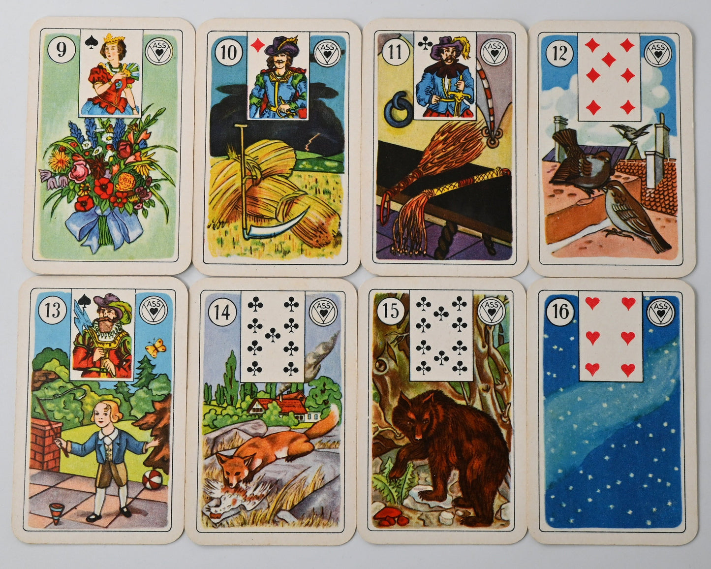 Wahrsagekarten mit Kartenbildern – Lenormand Orakelkarten, Vereinigte Altenburger & Stralsunder Spielkartenfabriken AG, Werk Ariston Detmold, 36 Blatt, Einzelstück – 1950er Jahre