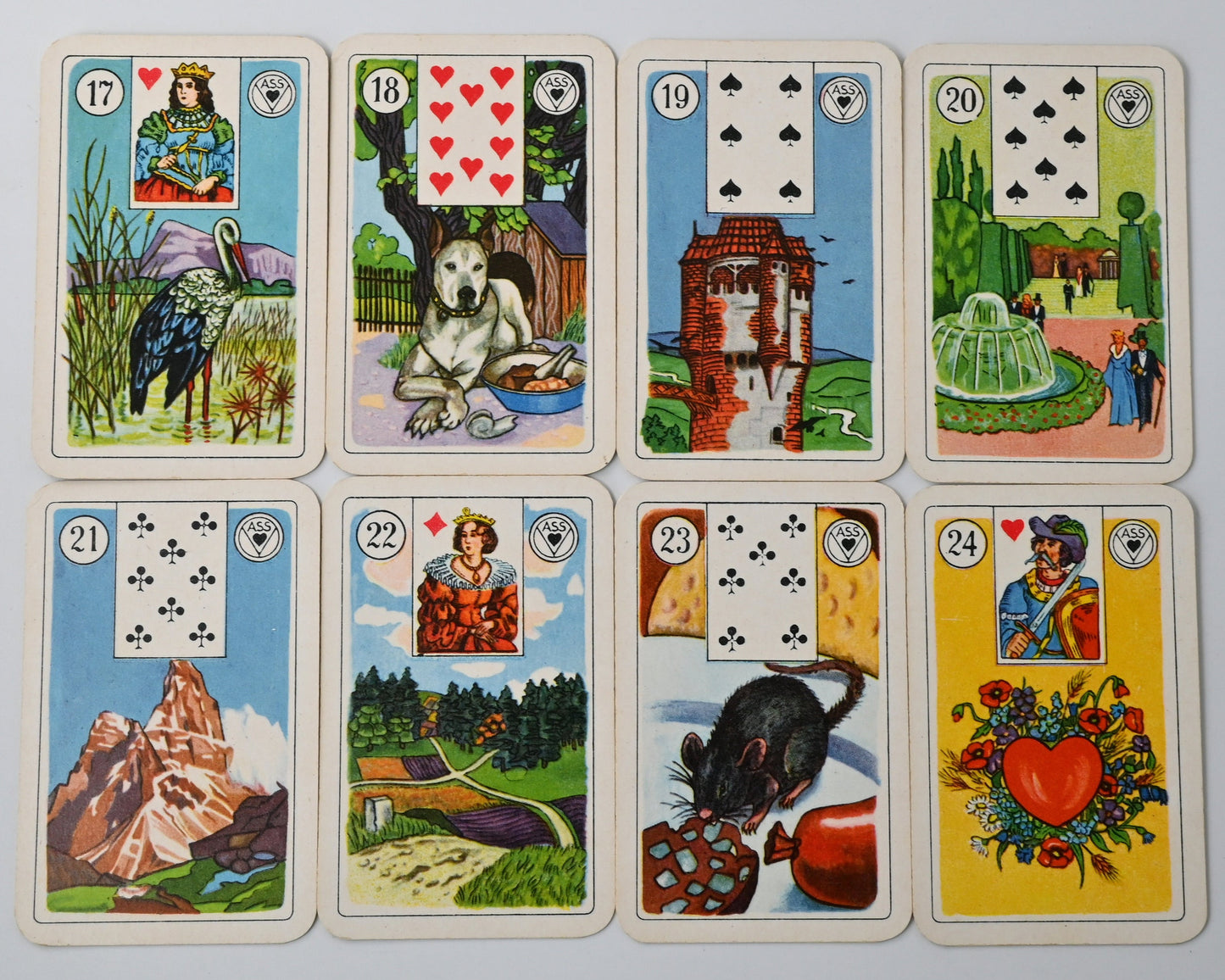 Wahrsagekarten mit Kartenbildern – Lenormand Orakelkarten, Vereinigte Altenburger & Stralsunder Spielkartenfabriken AG, Werk Ariston Detmold, 36 Blatt, Einzelstück – 1950er Jahre