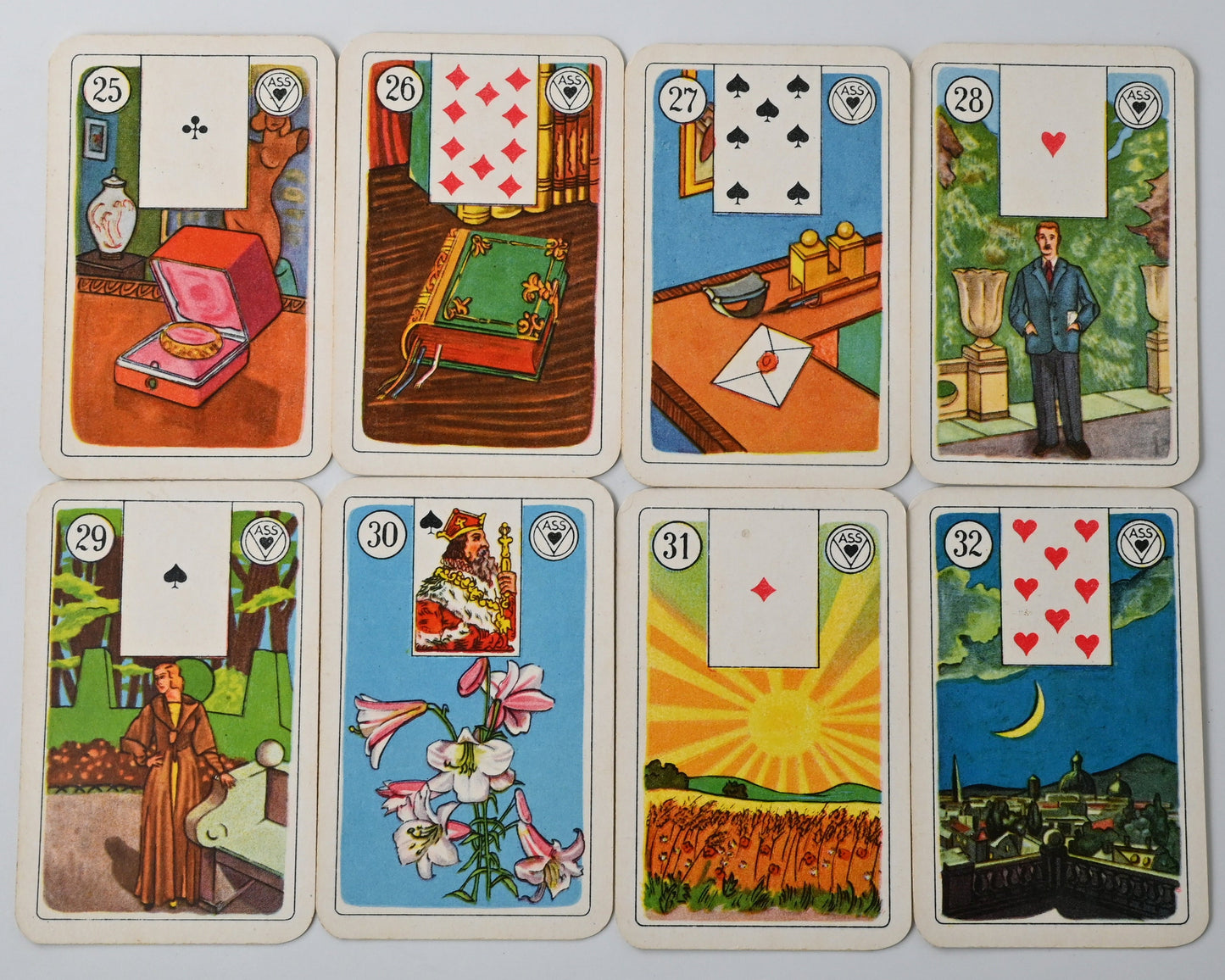 Wahrsagekarten mit Kartenbildern – Lenormand Orakelkarten, Vereinigte Altenburger & Stralsunder Spielkartenfabriken AG, Werk Ariston Detmold, 36 Blatt, Einzelstück – 1950er Jahre