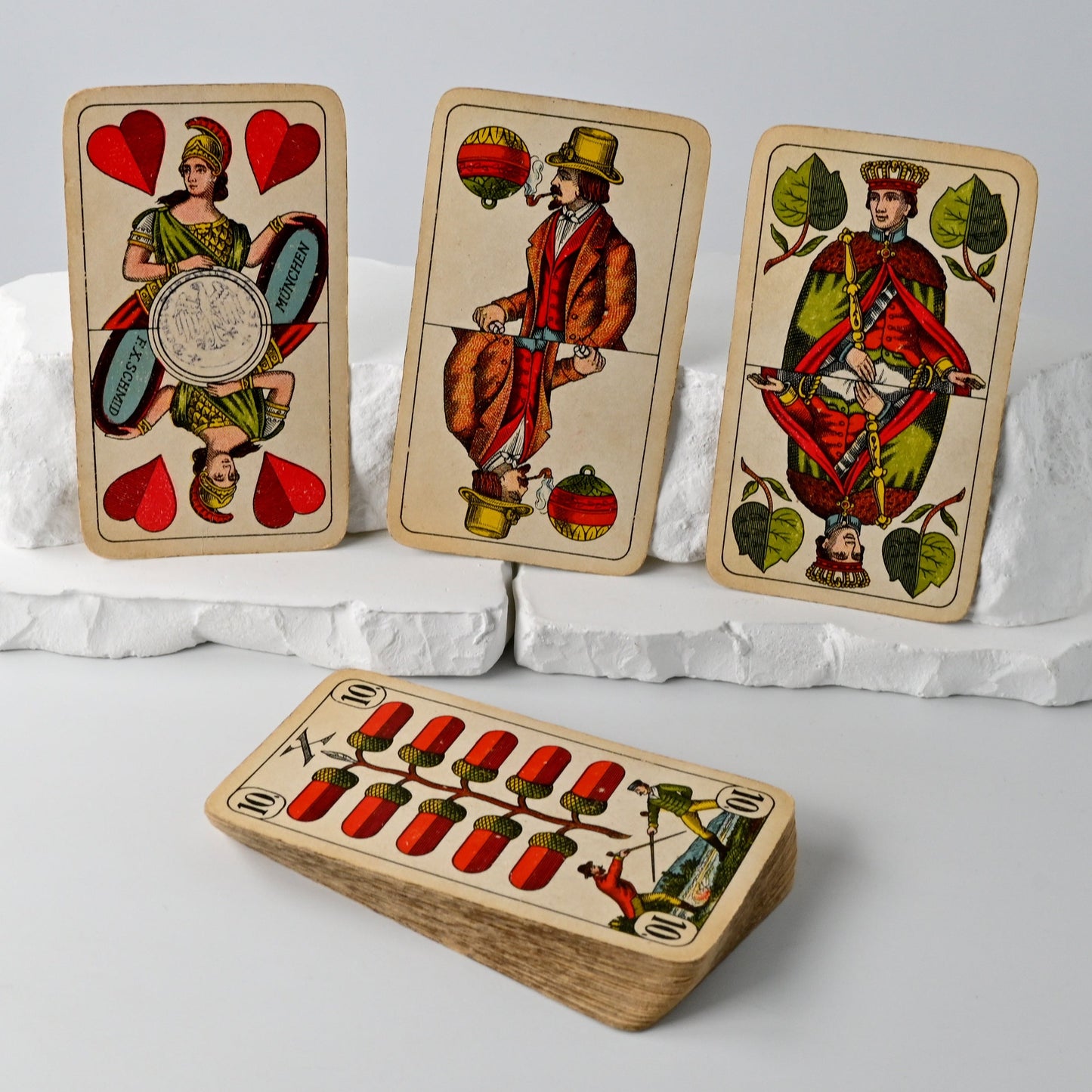Skat deck by F.X. Schmid Munich, Prussian double-ended pattern, German-suited cards, IREKS advertising back, tax stamp No. 51 – 1920s