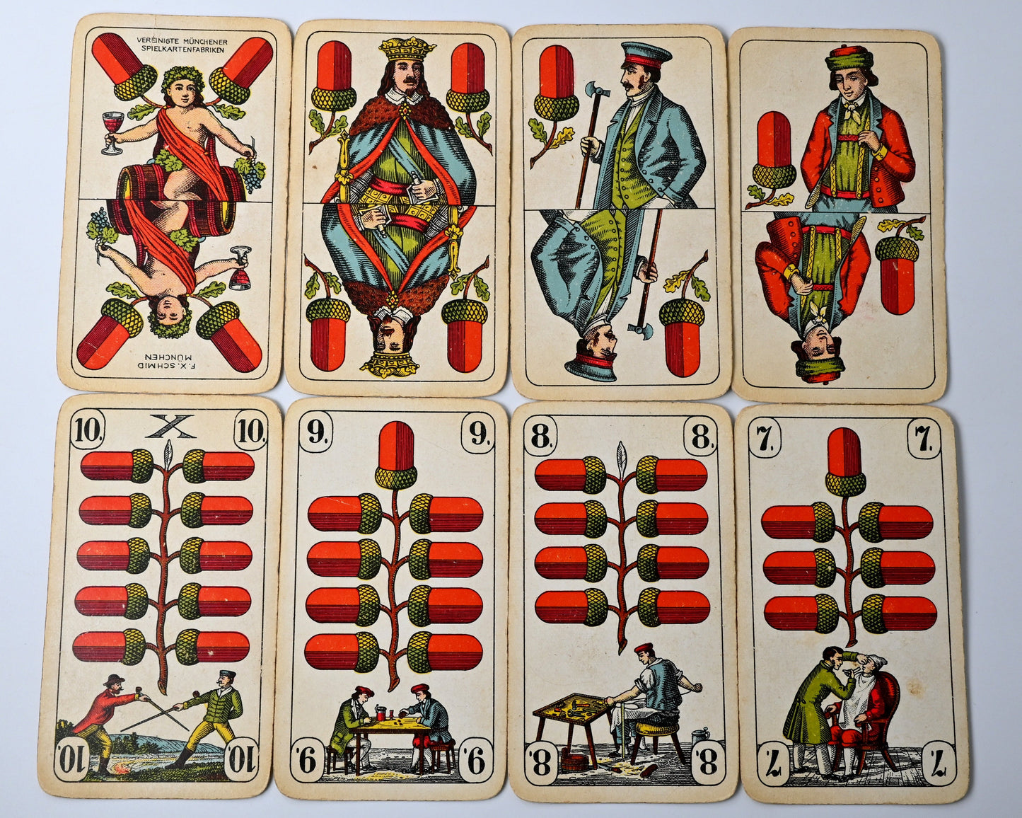 Skat deck by F.X. Schmid Munich, Prussian double-ended pattern, German-suited cards, IREKS advertising back, tax stamp No. 51 – 1920s