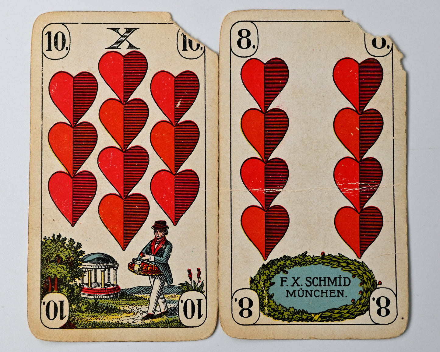 Skat deck by F.X. Schmid Munich, Prussian double-ended pattern, German-suited cards, IREKS advertising back, tax stamp No. 51 – 1920s