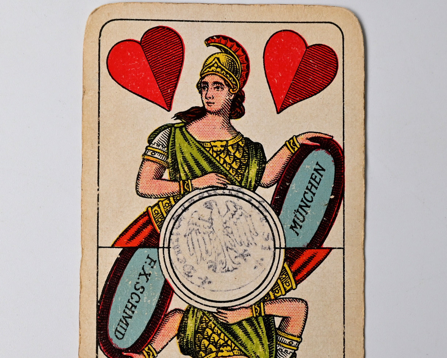 Skat deck by F.X. Schmid Munich, Prussian double-ended pattern, German-suited cards, IREKS advertising back, tax stamp No. 51 – 1920s