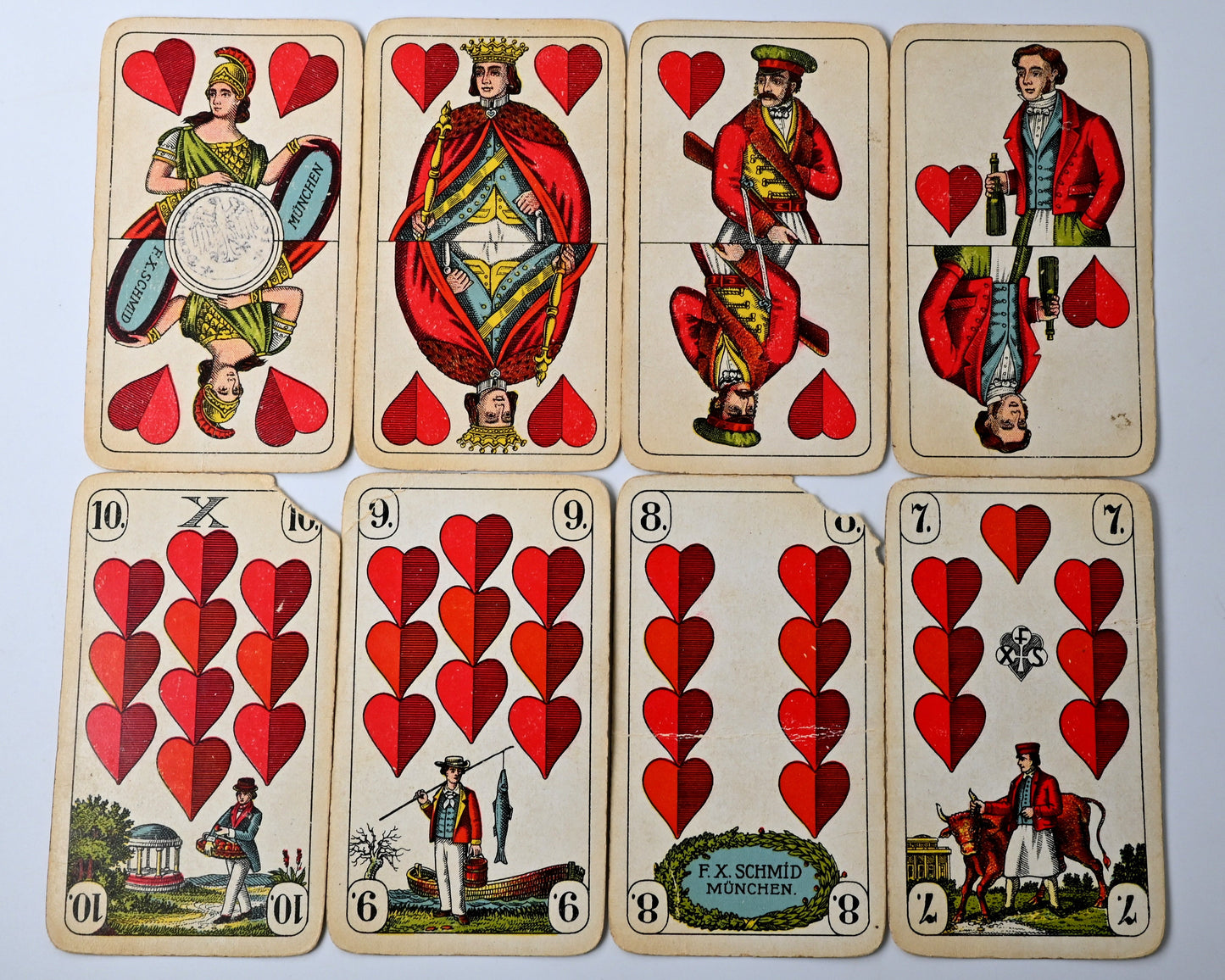 Skat deck by F.X. Schmid Munich, Prussian double-ended pattern, German-suited cards, IREKS advertising back, tax stamp No. 51 – 1920s