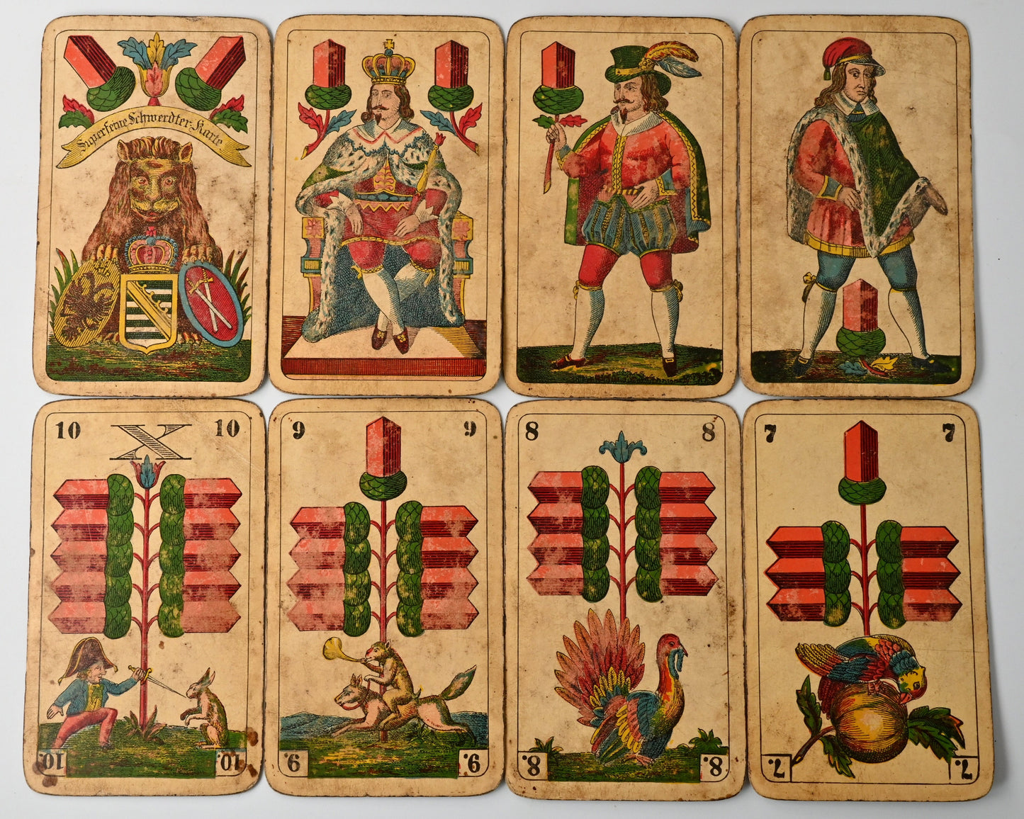 Skatspiel – Vereinigte Stralsunder Spielkarten-Fabriken, Superfeine Schwerdter Karte, sächsisches Bild, Einzelstück – ca. 1900