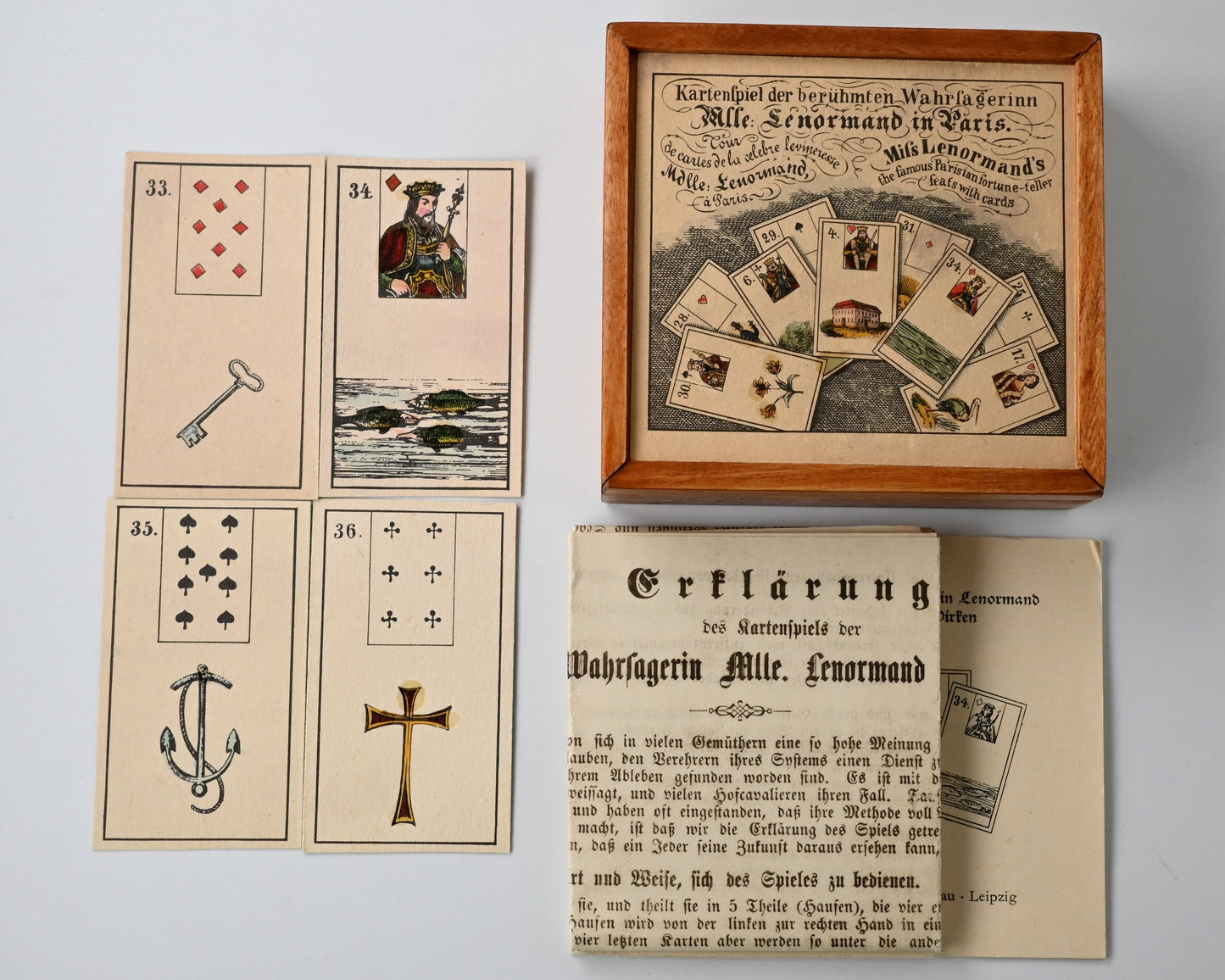 Lenormand Kartenspiel – Mlle Lenormand Wahrsagekarten, 36 Karten komplett, Holzbox, Reprint 1982 – 1980er Jahre