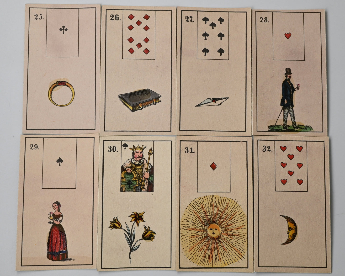 Lenormand Kartenspiel – Mlle Lenormand Wahrsagekarten, 36 Karten komplett, Holzbox, Reprint 1982 – 1980er Jahre