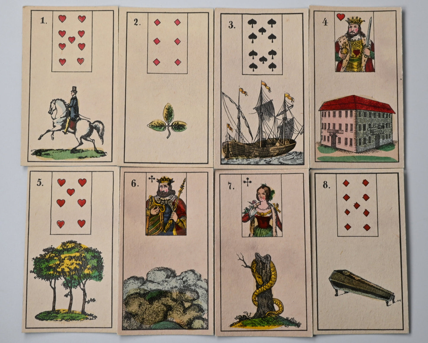 Lenormand Kartenspiel – Mlle Lenormand Wahrsagekarten, 36 Karten komplett, Holzbox, Reprint 1982 – 1980er Jahre